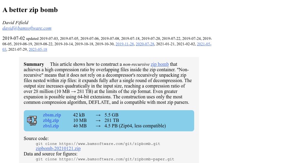 Screenshot of bamsoftware.com: A better zip bomb (2019)