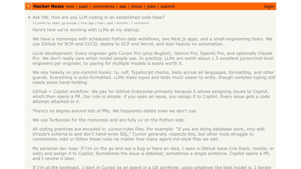 Screenshot of Hacker News post: Ask HN: How are you LLM-coding in an established code base?