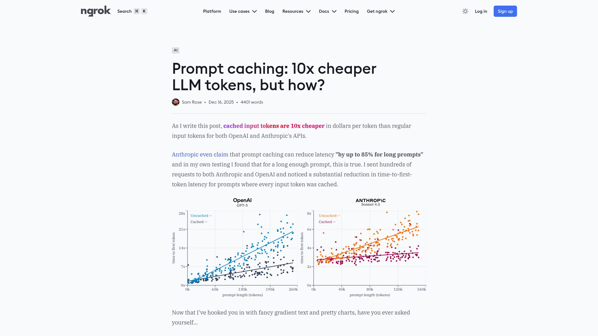 Screenshot of ngrok.com: Prompt caching for cheaper LLM tokens