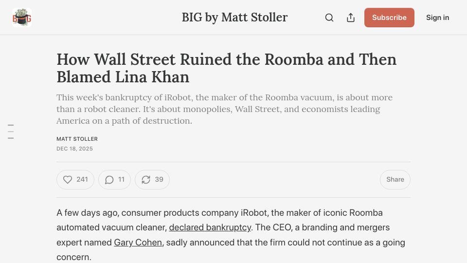 Screenshot of thebignewsletter.com: Wall Street Ruined the Roomba and Then Blamed Lina Khan