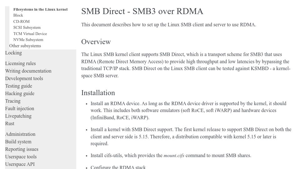 Screenshot of docs.kernel.org: SMB Direct – SMB3 over RDMA