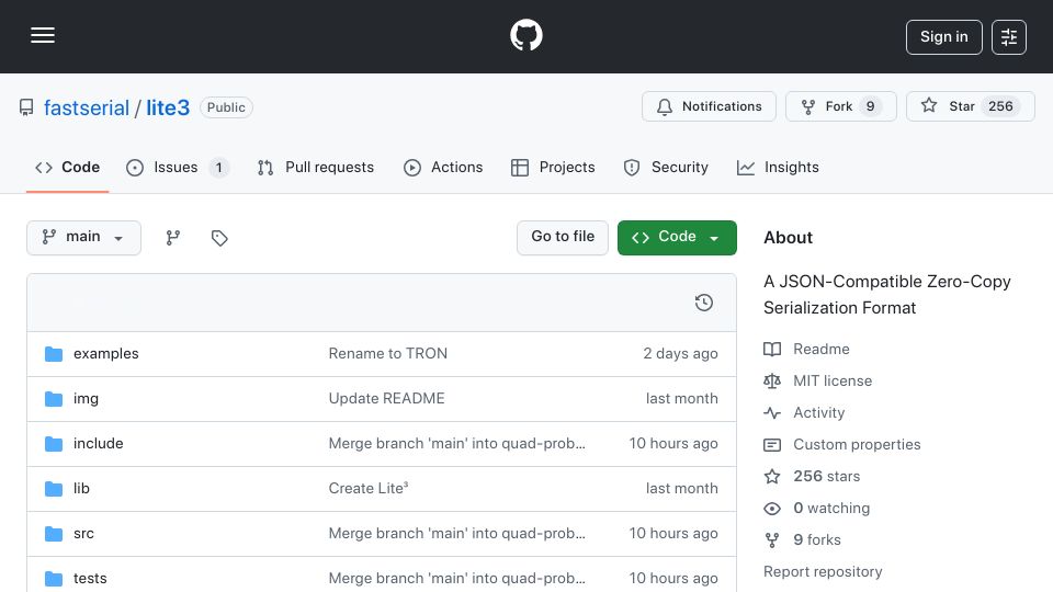 Screenshot of github.com: Lite^3, a JSON-compatible zero-copy serialization format