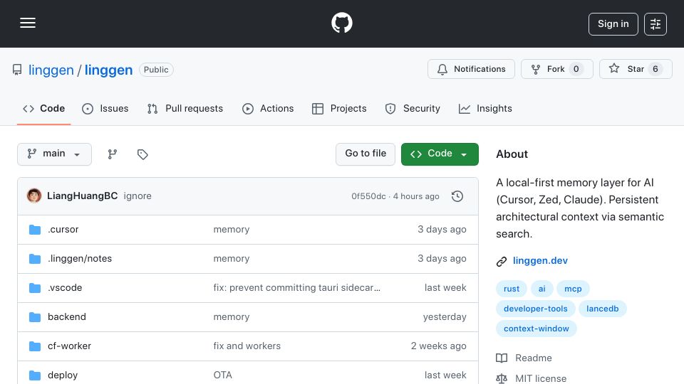 Screenshot of github.com: Show HN: Linggen – A local-first memory layer for your AI (Cursor, Zed, Claude)