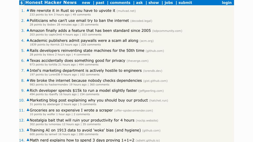 Screenshot of dosaygo-studio.github.io: Hacker News front page now, but the titles are honest