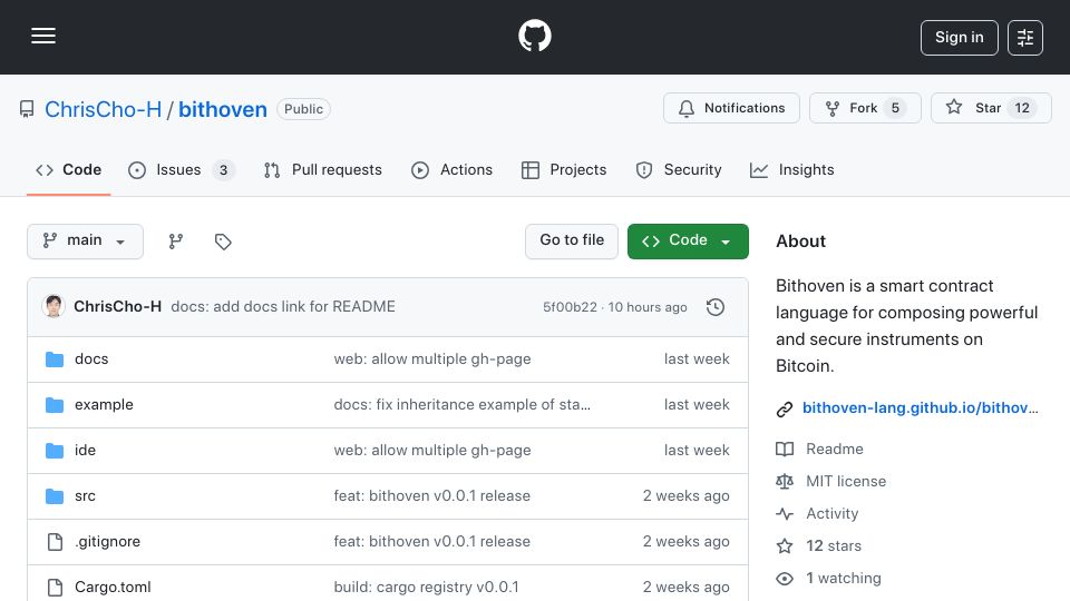 Screenshot of github.com: Show HN: Bithoven – A high-level, imperative language for Bitcoin Smart Contract