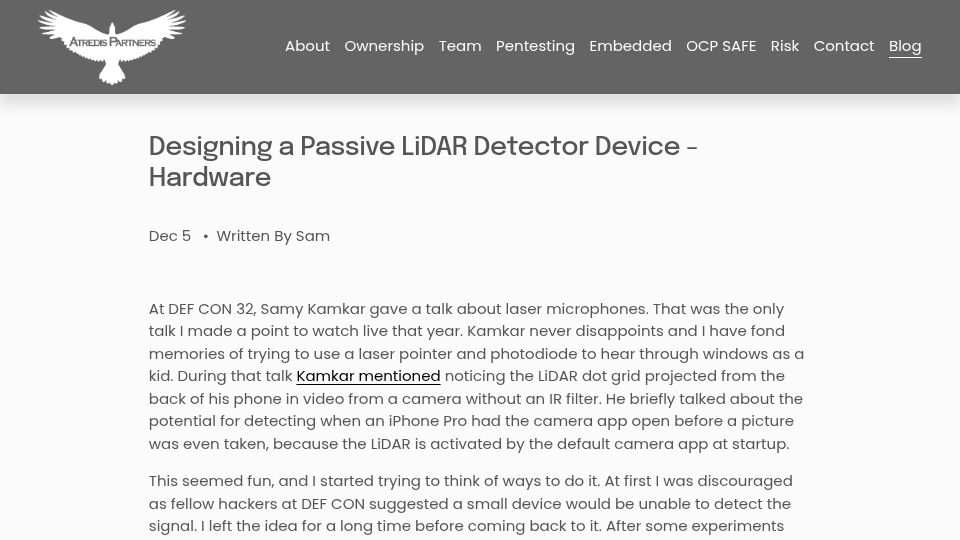 Screenshot of atredis.com: Designing a Passive Lidar Detector Device