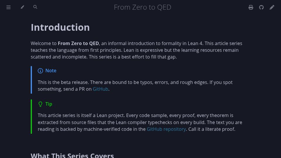 Screenshot of sdiehl.github.io: From Zero to QED: An informal introduction to formality with Lean 4