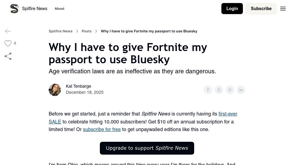 Screenshot of spitfirenews.com: I have to give Fortnite my passport to use Bluesky