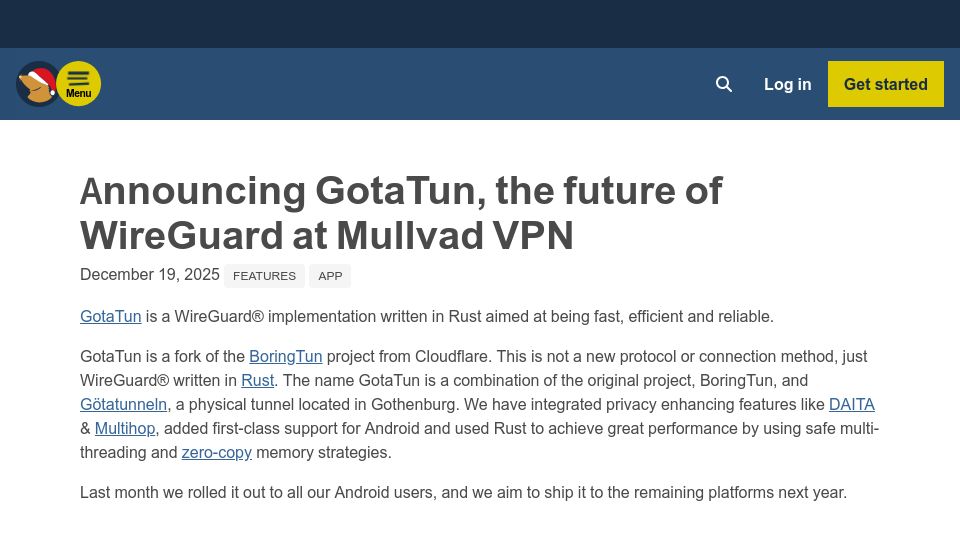 Screenshot of mullvad.net: GotaTun – Mullvad's WireGuard Implementation in Rust