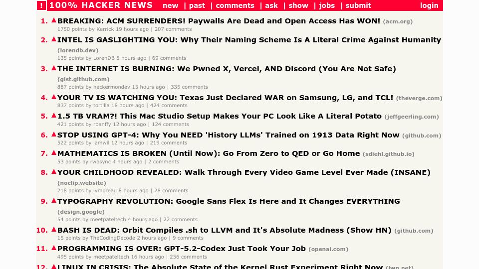 Screenshot of dosaygo-studio.github.io: Show HN: Hacker News, but every headline is hysterical clickbait