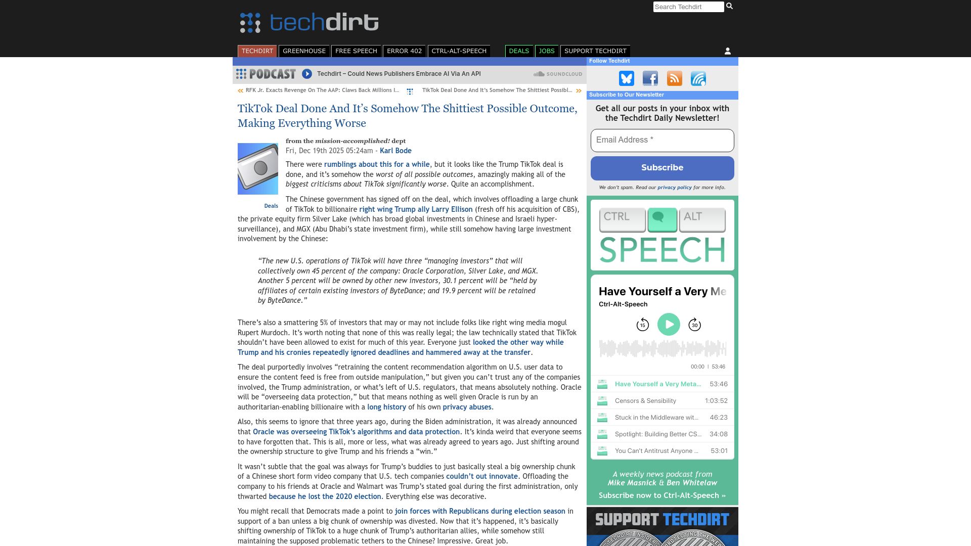 Screenshot of techdirt.com: TikTok Deal Is the Shittiest Possible Outcome, Making Everything Worse