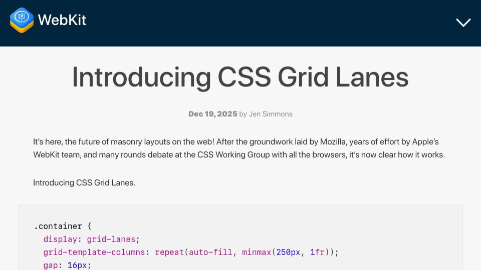 Screenshot of webkit.org: CSS Grid Lanes