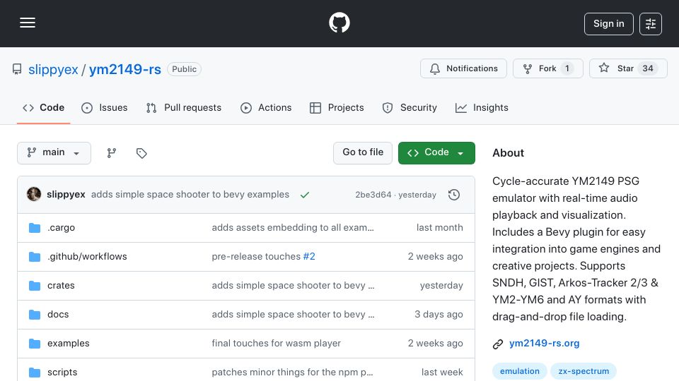 Screenshot of github.com: Cycle-accurate YM2149 PSG emulator