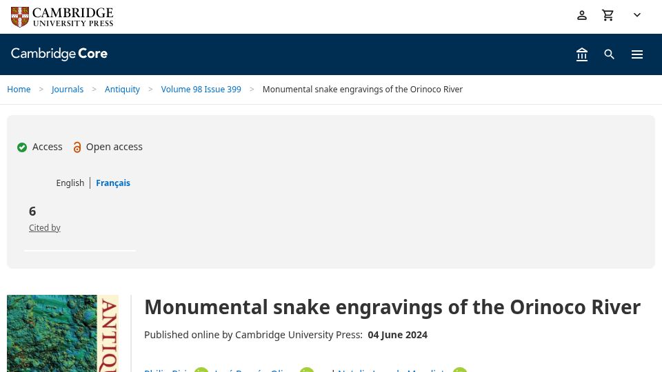 Screenshot of cambridge.org: Monumental snake engravings of the Orinoco River (2024)