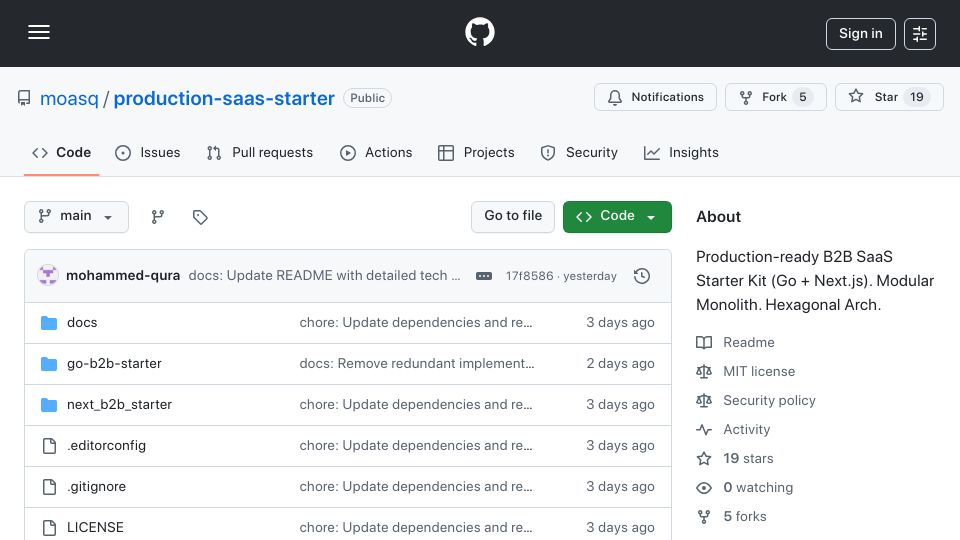Screenshot of github.com: Show HN: I open-sourced my Go and Next B2B SaaS Starter (deploy anywhere, MIT)