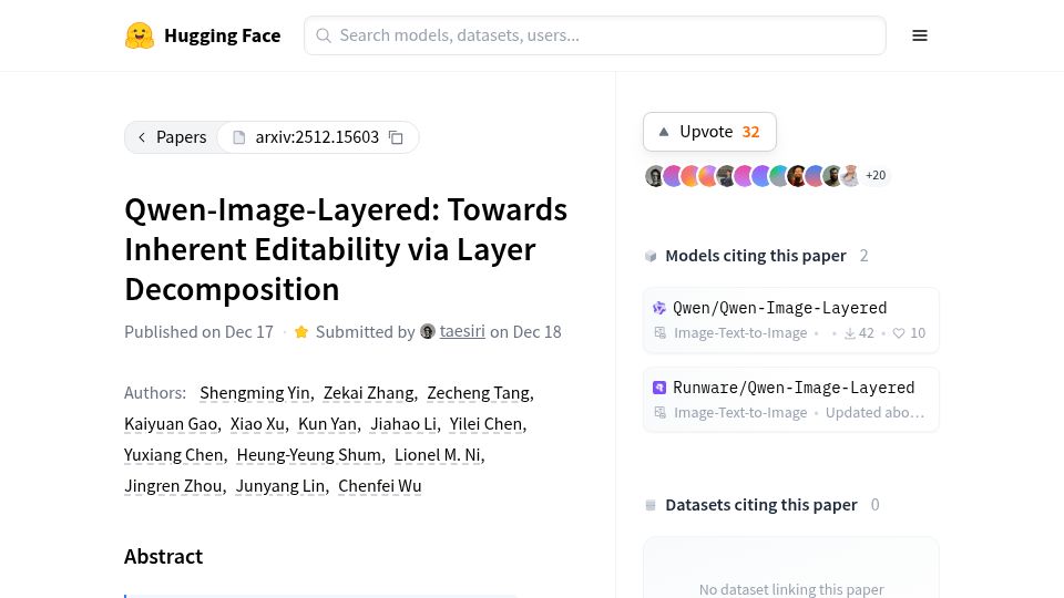 Screenshot of huggingface.co: Qwen-Image-Layered: transparency and layer aware open diffusion model