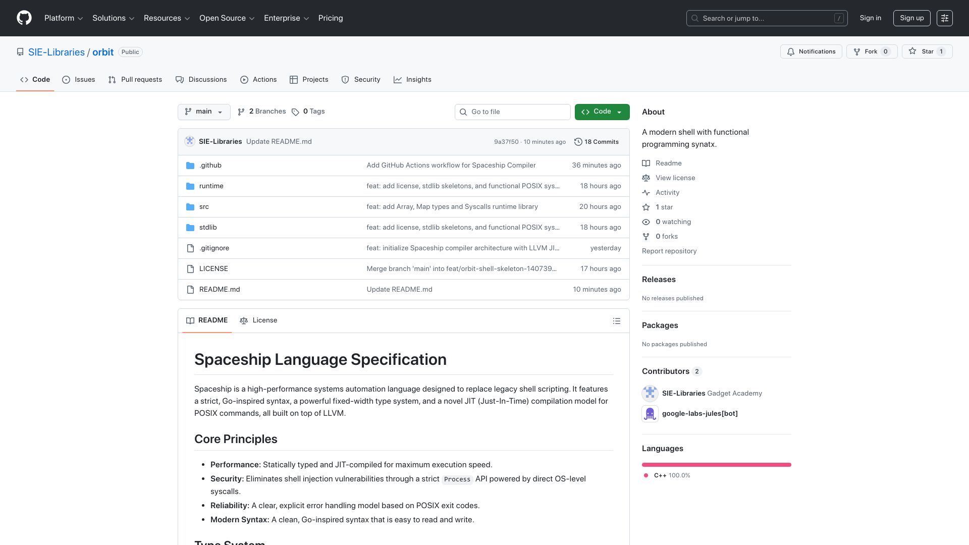 Screenshot of github.com: Show HN: Orbit a systems level programming language that compiles .sh to LLVM