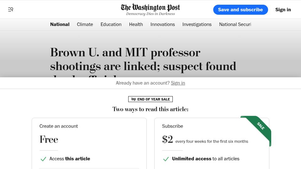 Screenshot of washingtonpost.com: Brown/MIT shooting suspect found dead, officials say