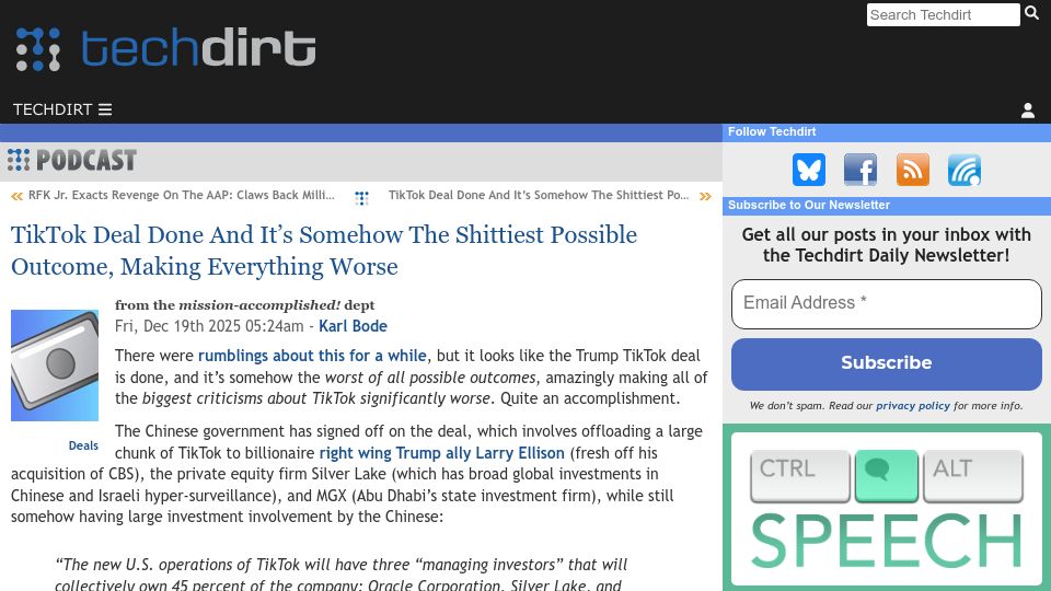 Screenshot of techdirt.com: TikTok Deal Is the Shittiest Possible Outcome, Making Everything Worse