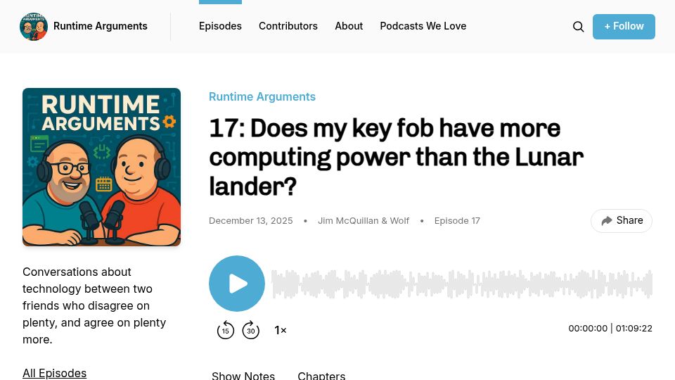 Screenshot of buzzsprout.com: Does my key fob have more computing power than the Lunar lander?