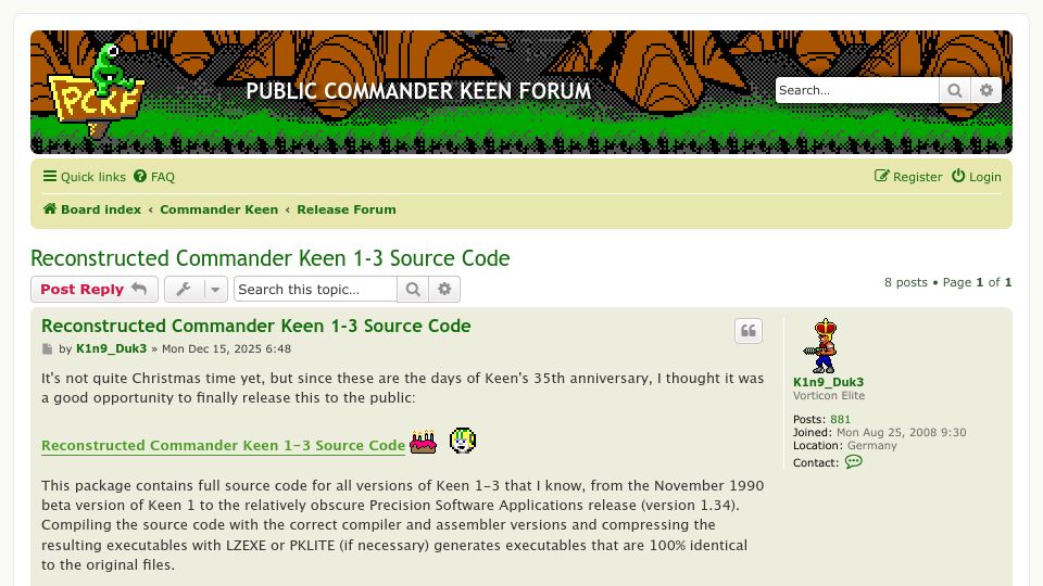 Screenshot of pckf.com: Reconstructed Commander Keen 1-3 Source Code