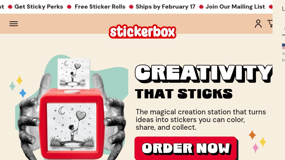 Screenshot of stickerbox.com: Show HN: Stickerbox, a kid-safe, AI-powered voice to sticker printer