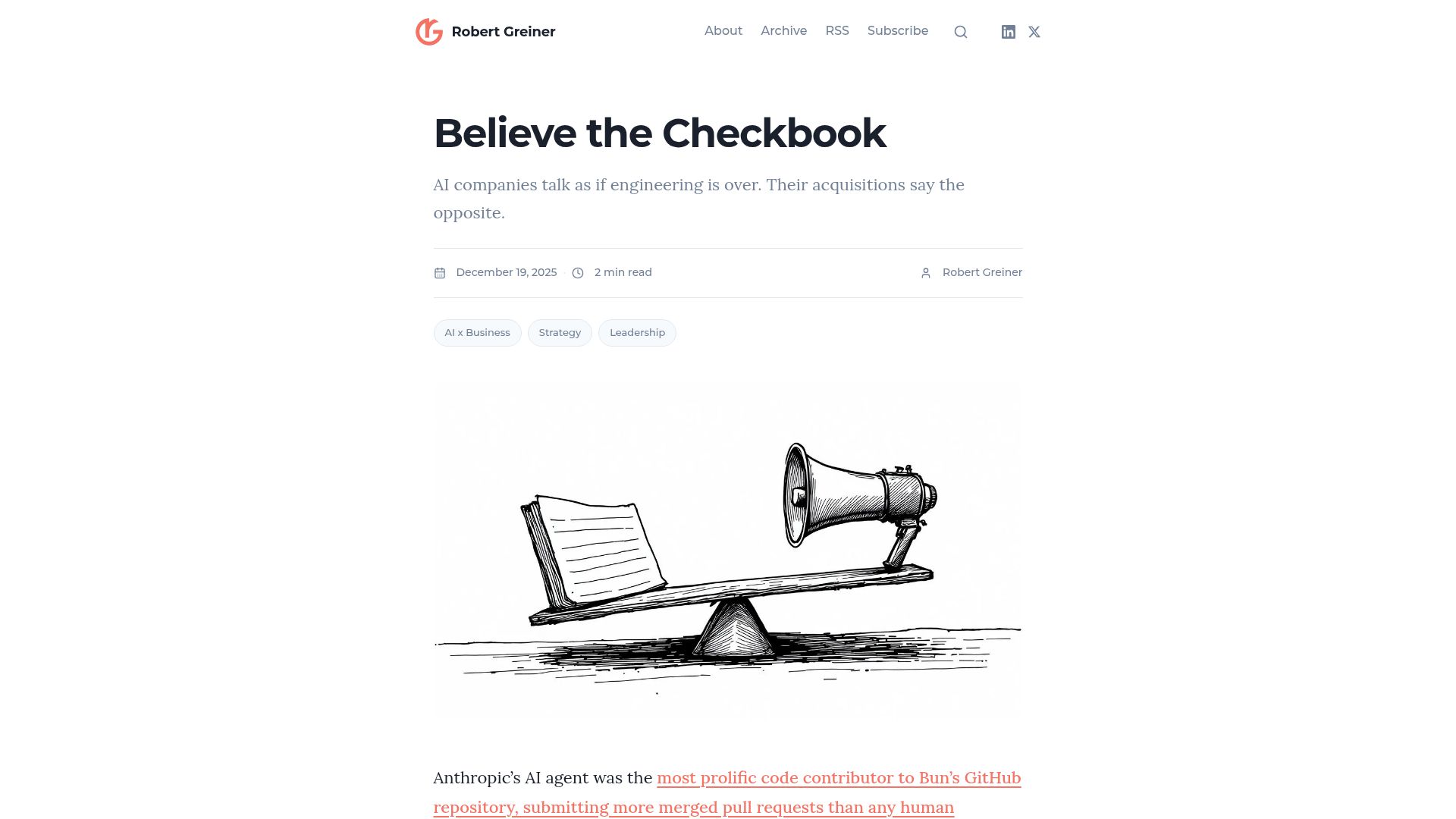 Screenshot of robertgreiner.com: Believe the Checkbook