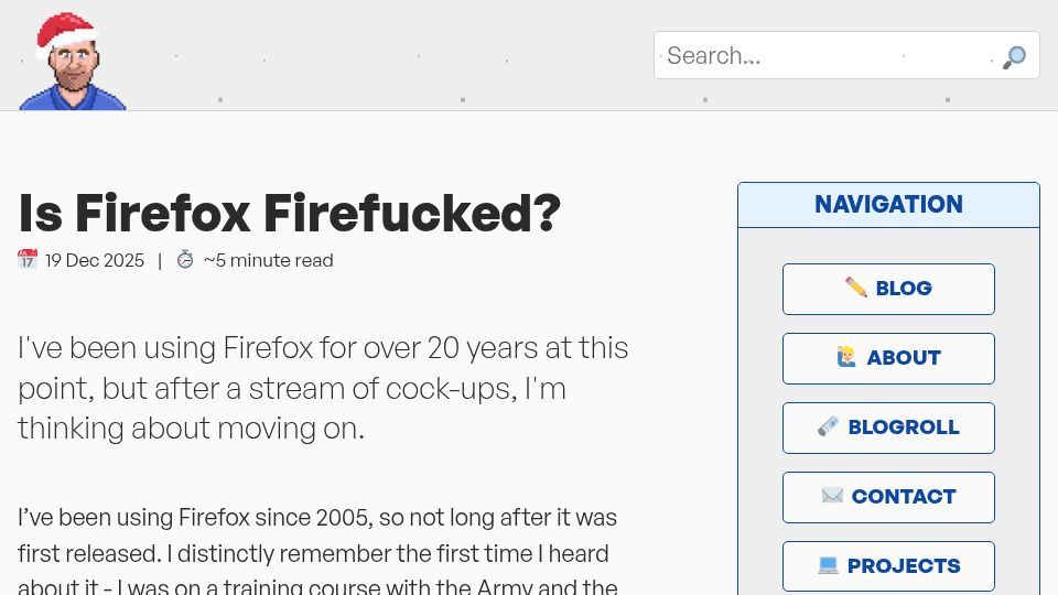 Screenshot of kevquirk.com: Is Firefox Firefucked?