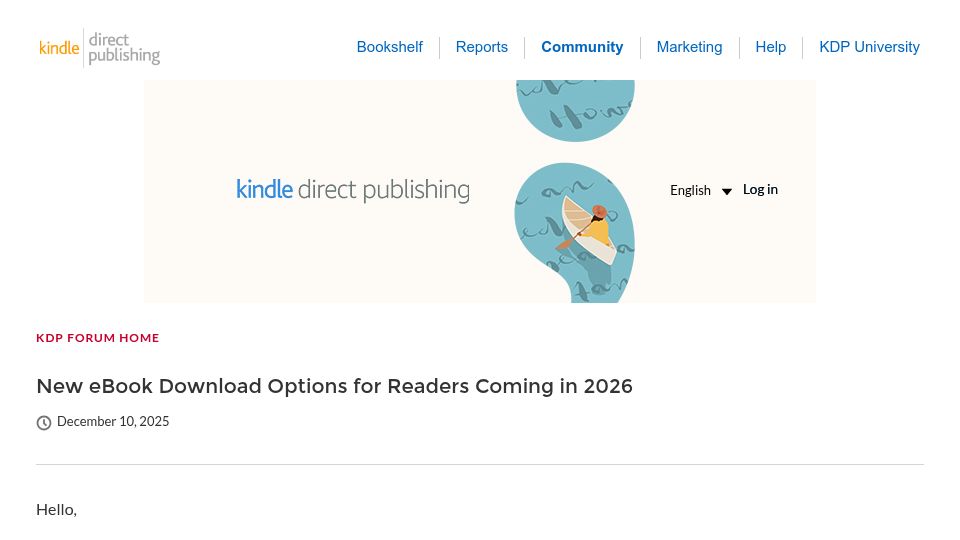 Screenshot of kdpcommunity.com: Amazon will allow ePub and PDF downloads for DRM-free eBooks