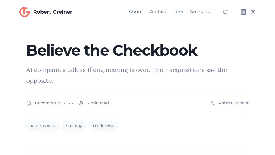Screenshot of robertgreiner.com: Believe the Checkbook