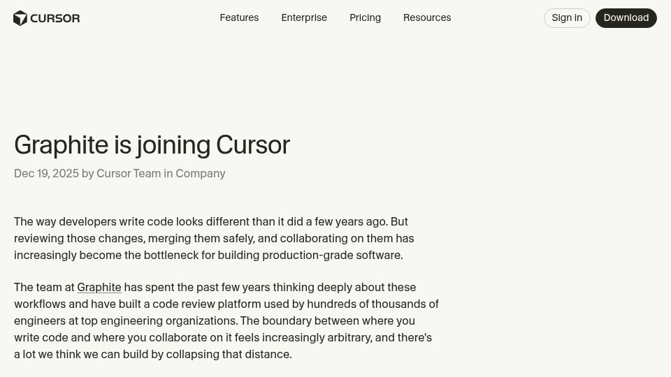Screenshot of cursor.com: Graphite is joining Cursor
