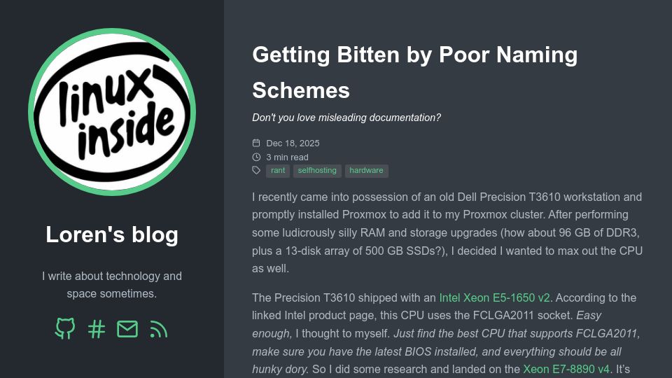 Screenshot of lorendb.dev: Getting bitten by Intel's poor naming schemes