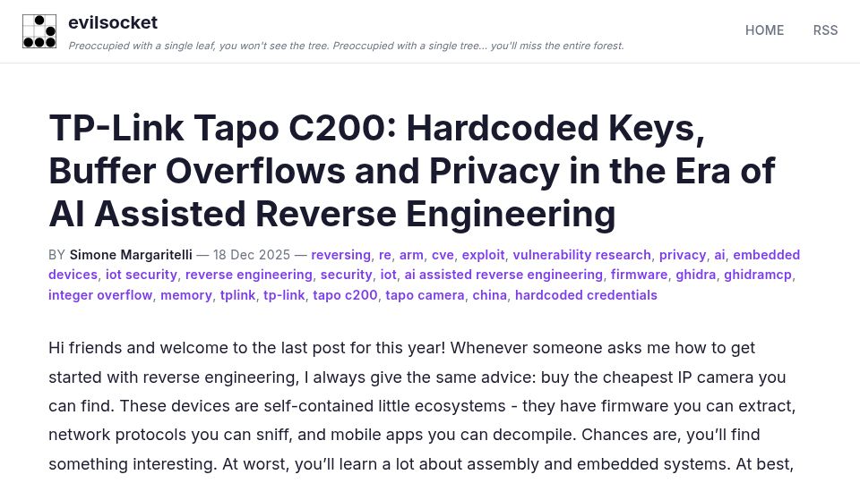 Screenshot of evilsocket.net: TP-Link Tapo C200: Hardcoded Keys, Buffer Overflows and Privacy