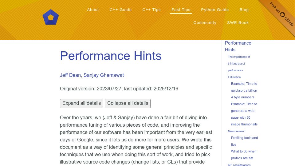 Screenshot of abseil.io: Performance Hints – Jeff Dean and Sanjay Ghemawat
