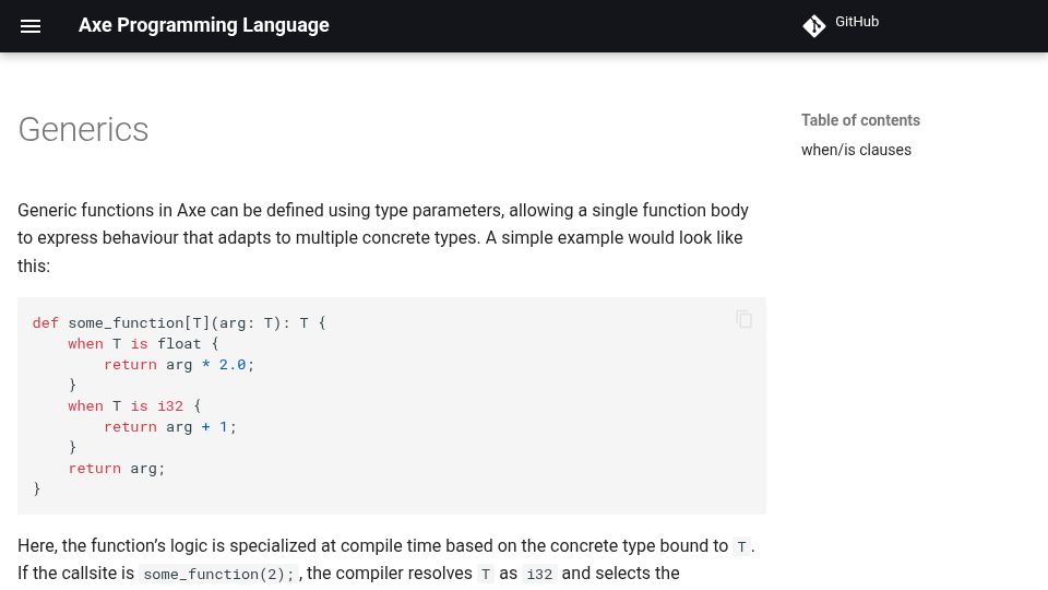Screenshot of axe-docs.pages.dev: Show HN: I implemented generics in my programming language