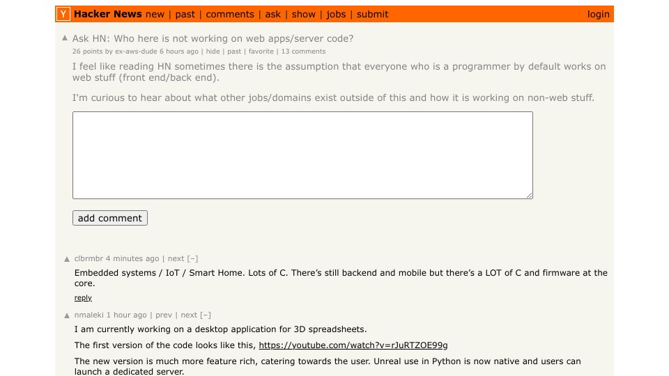 Screenshot of Hacker News post: Ask HN: Who here is not working on web apps/server code?