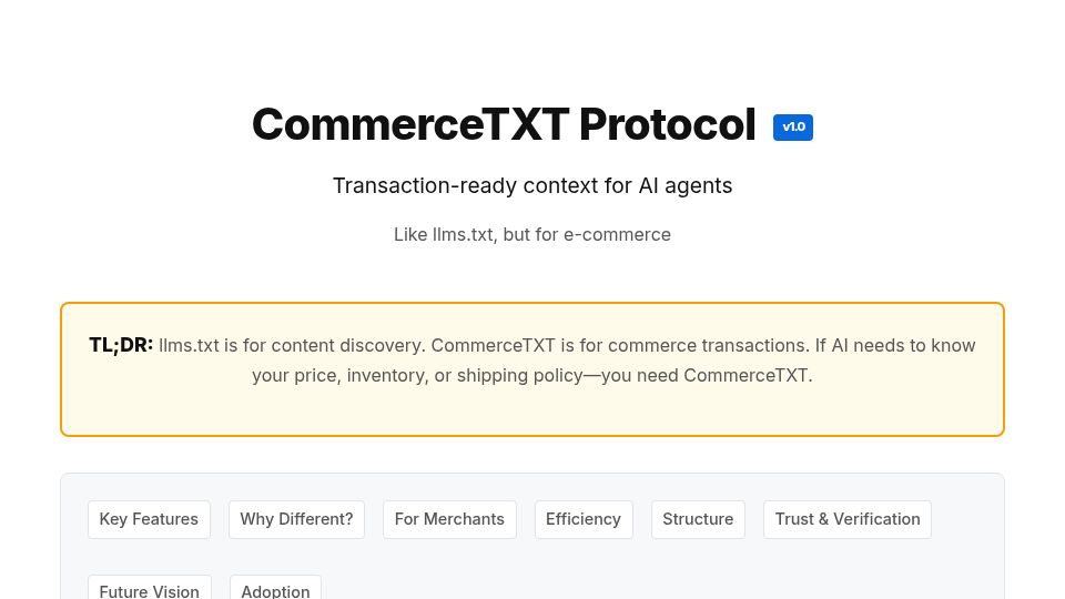 Screenshot of commercetxt.org: Show HN: CommerceTXT – An open standard for AI shopping context (like llms.txt)