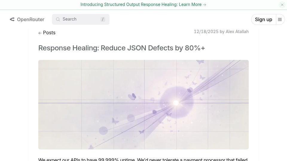 Screenshot of openrouter.ai: Response Healing: Reduce JSON defects by 80%+