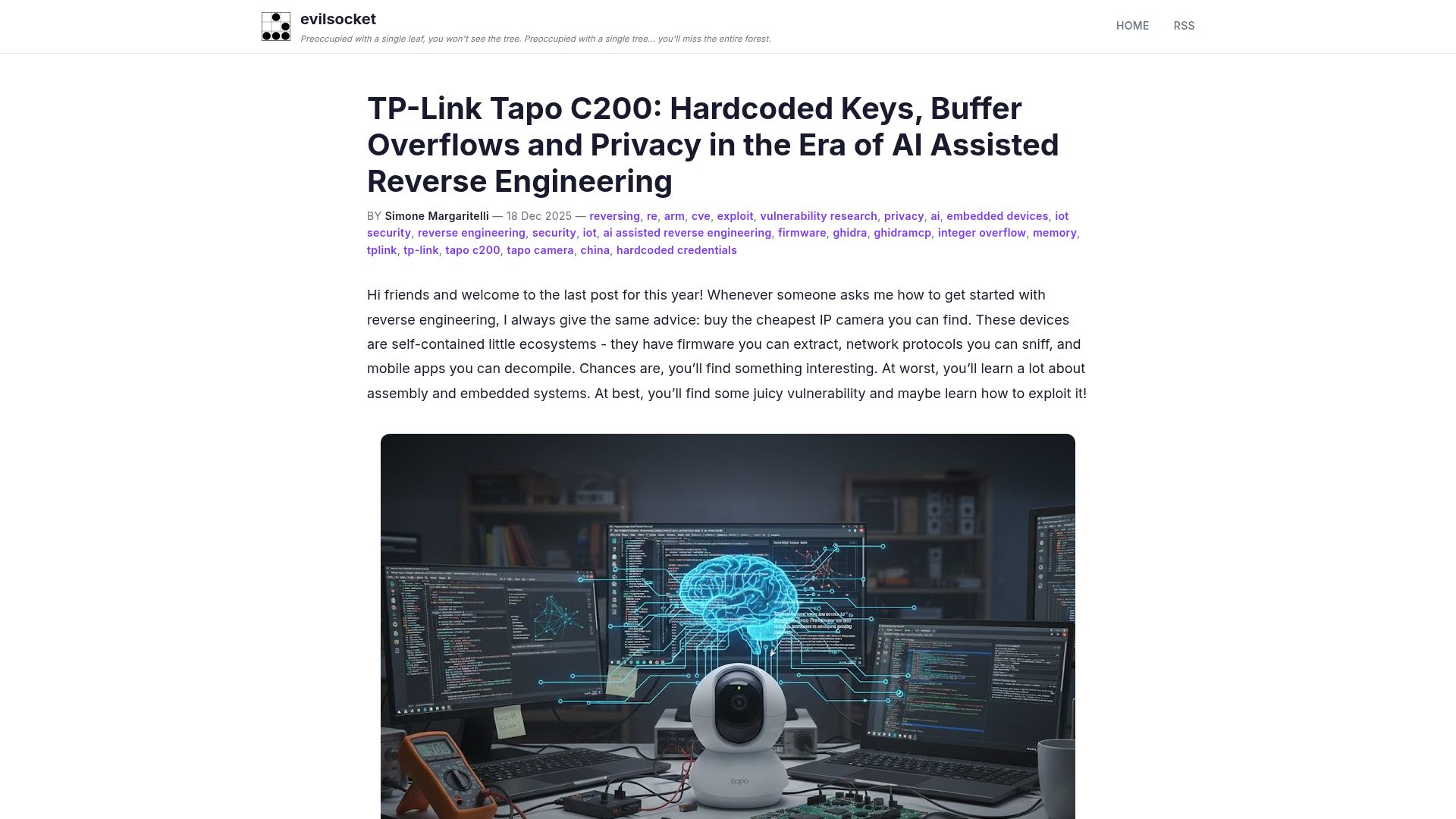 Screenshot of evilsocket.net: TP-Link Tapo C200: Hardcoded Keys, Buffer Overflows and Privacy