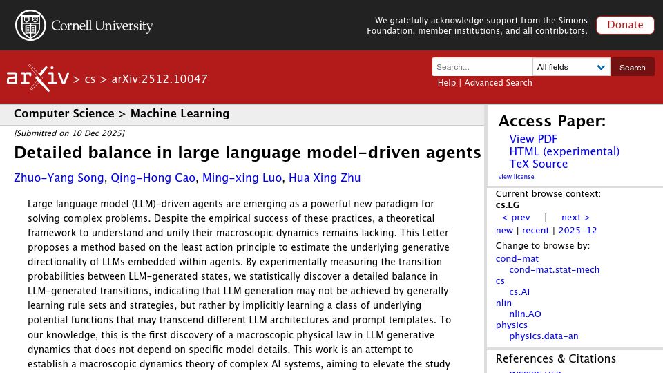 Screenshot of arxiv.org: Detailed balance in large language model-driven agents