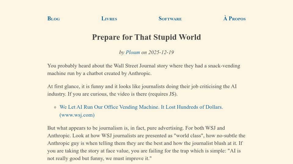 Screenshot of ploum.net: Prepare for That Stupid World