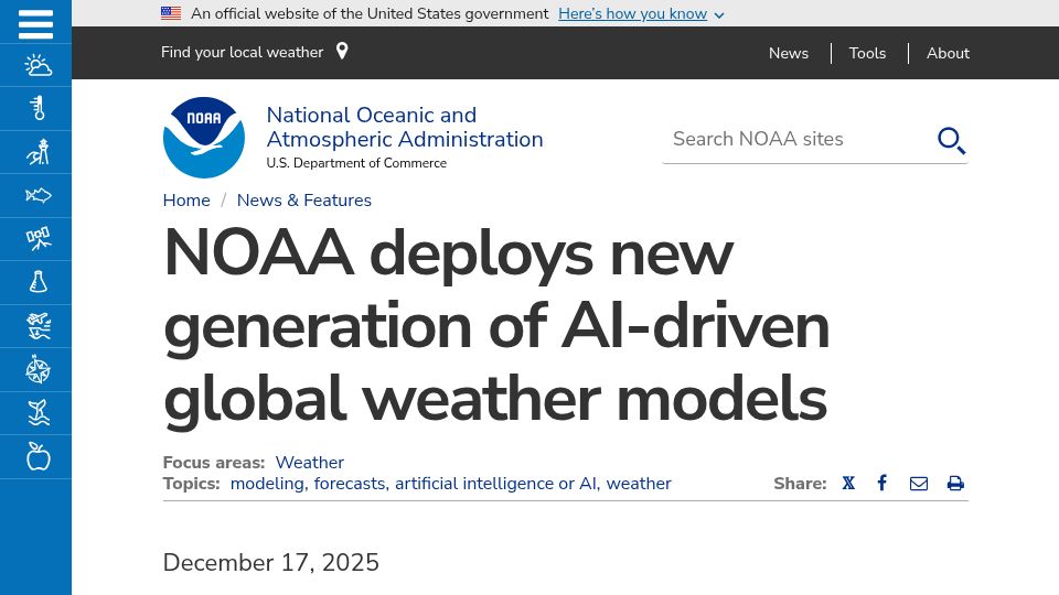 Screenshot of noaa.gov: NOAA deploys new generation of AI-driven global weather models