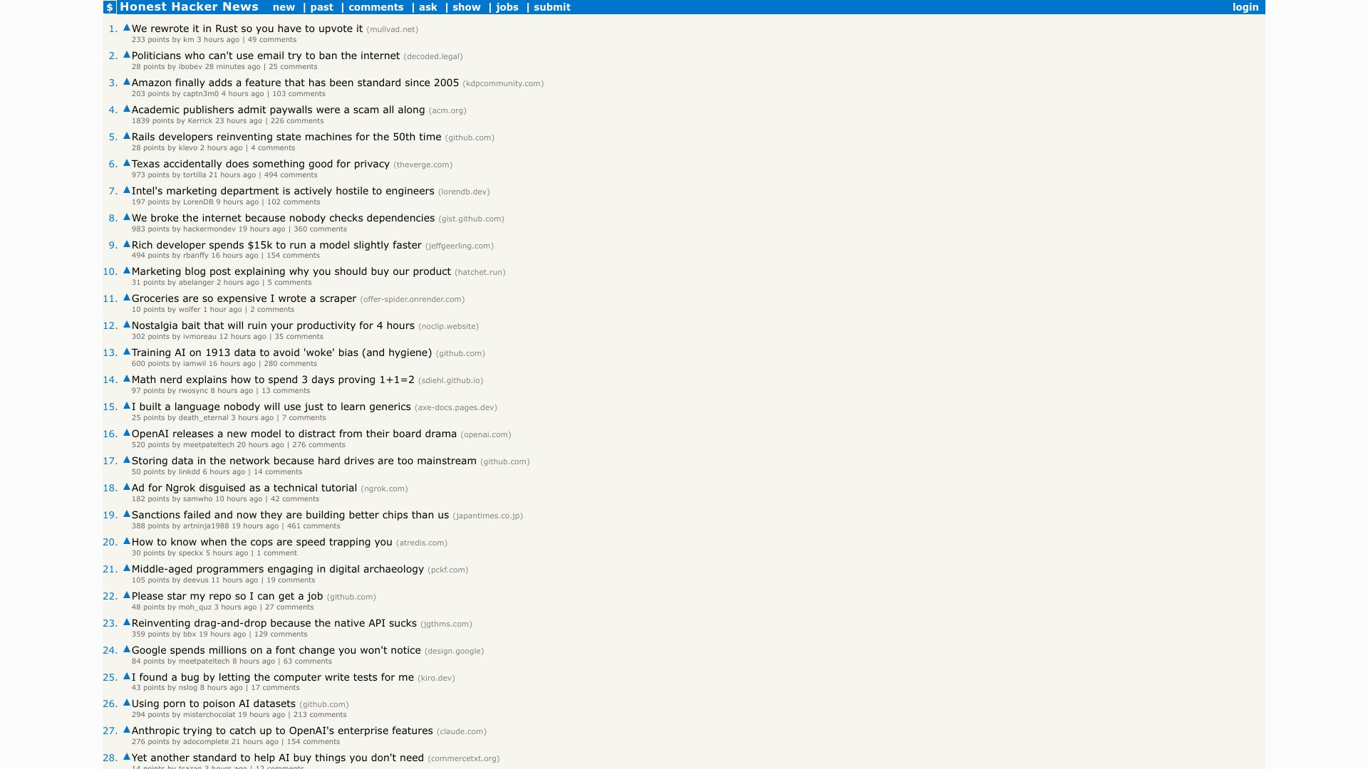 Screenshot of dosaygo-studio.github.io: Hacker News front page now, but the titles are honest