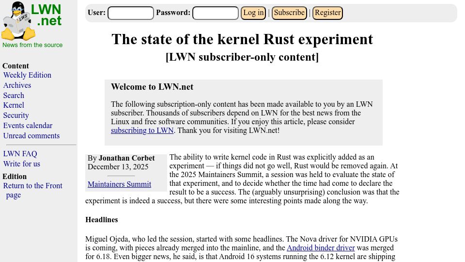 Screenshot of lwn.net: The state of the kernel Rust experiment