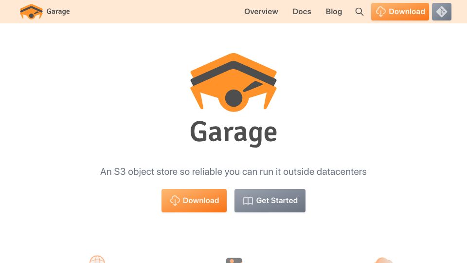 Screenshot of garagehq.deuxfleurs.fr: Garage – An S3 object store so reliable you can run it outside datacenters