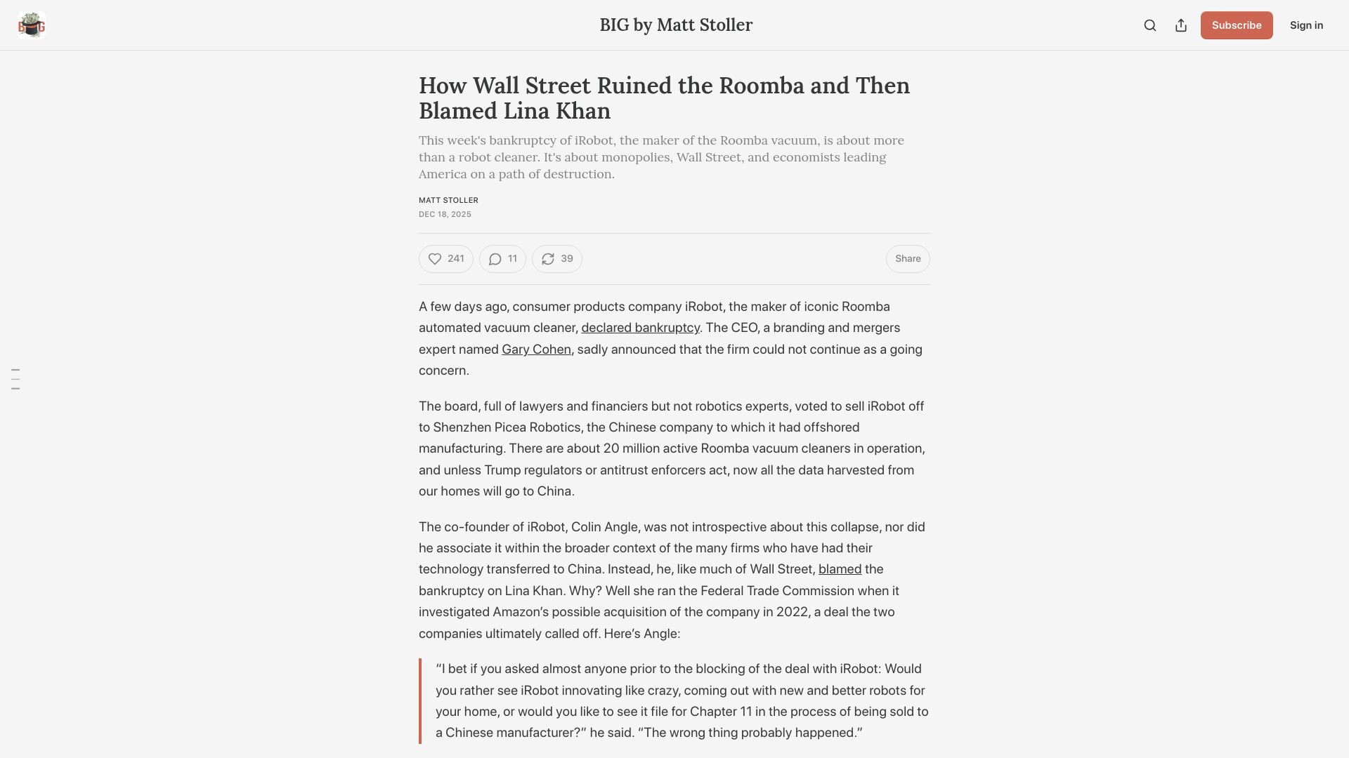 Screenshot of thebignewsletter.com: Wall Street Ruined the Roomba and Then Blamed Lina Khan
