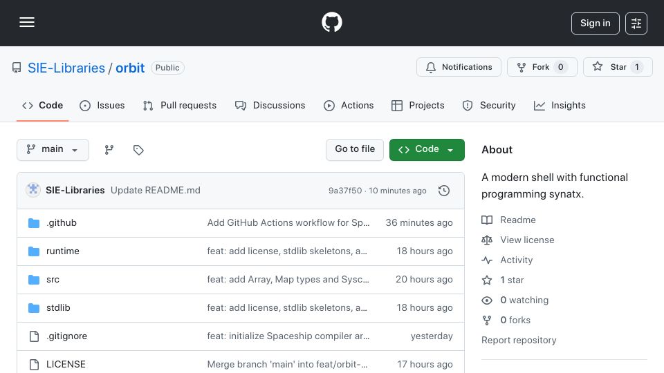 Screenshot of github.com: Show HN: Orbit a systems level programming language that compiles .sh to LLVM