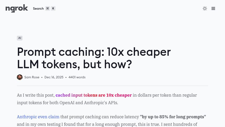 Screenshot of ngrok.com: Prompt caching for cheaper LLM tokens