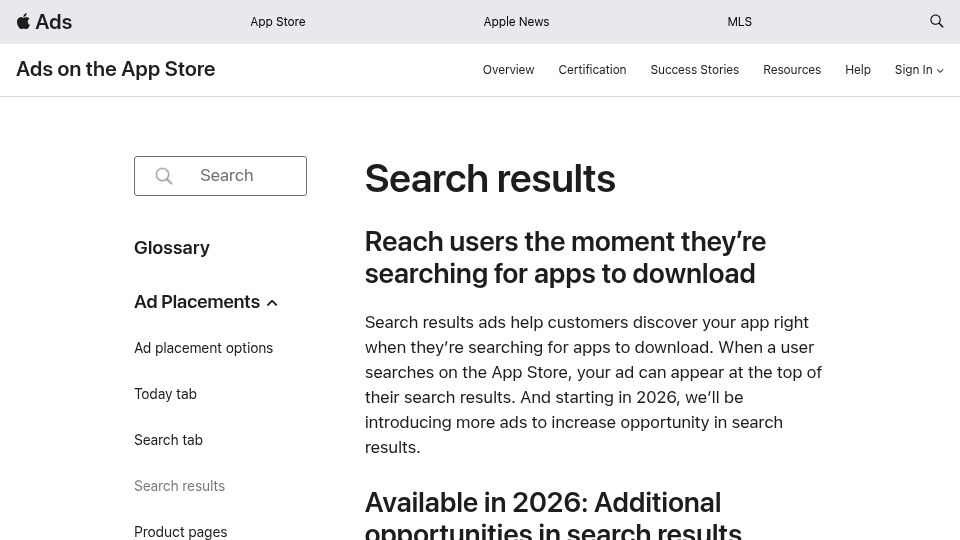 Screenshot of ads.apple.com: 2026 Apple introducing more ads to increase opportunity in search results