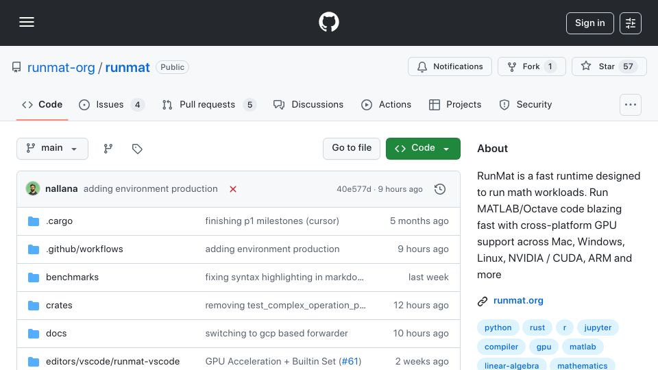 Screenshot of github.com: Show HN: RunMat – runtime with auto CPU/GPU routing for dense math